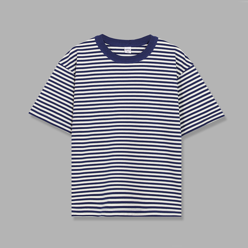 Unisex majica kratkih rukava s plavo-bijelim prugama, debeli pamuk, široki kroj, kružni izrez, vintage rock stil