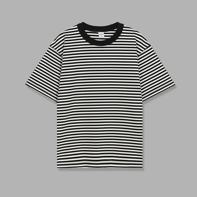 Unisex majica kratkih rukava s plavo-bijelim prugama, debeli pamuk, široki kroj, kružni izrez, vintage rock stil