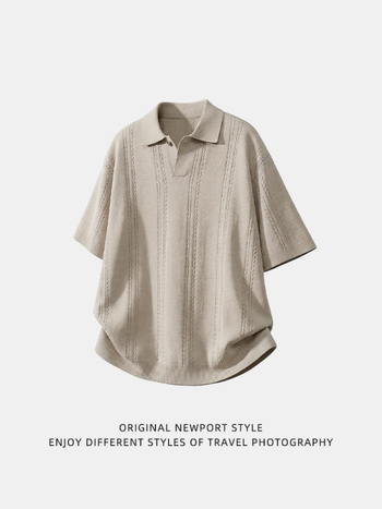 Férfi texturált twist-kötött rövid ujjú polo felső, Old Money stílus, egyszínű, nyári casual top