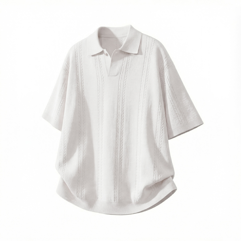 Férfi texturált twist-kötött rövid ujjú polo felső, Old Money stílus, egyszínű, nyári casual top