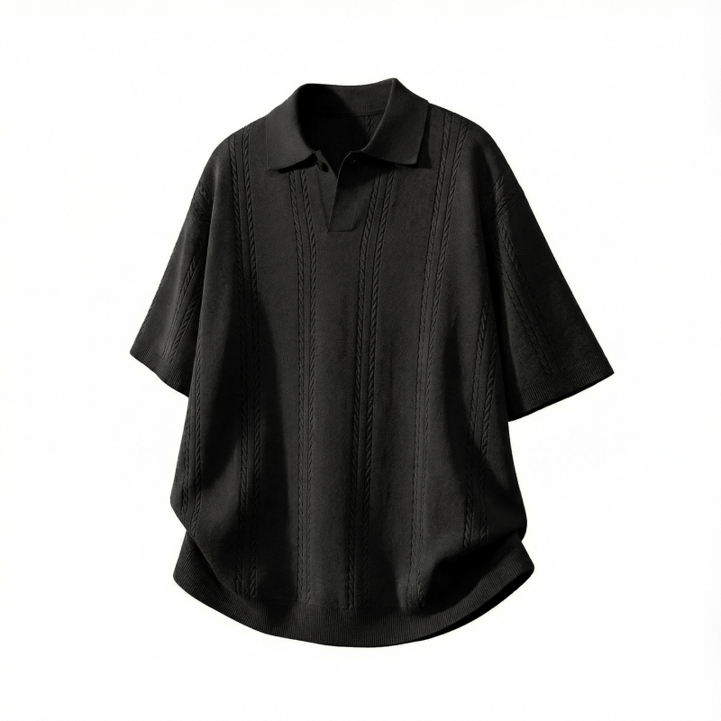 Férfi texturált twist-kötött rövid ujjú polo felső, Old Money stílus, egyszínű, nyári casual top