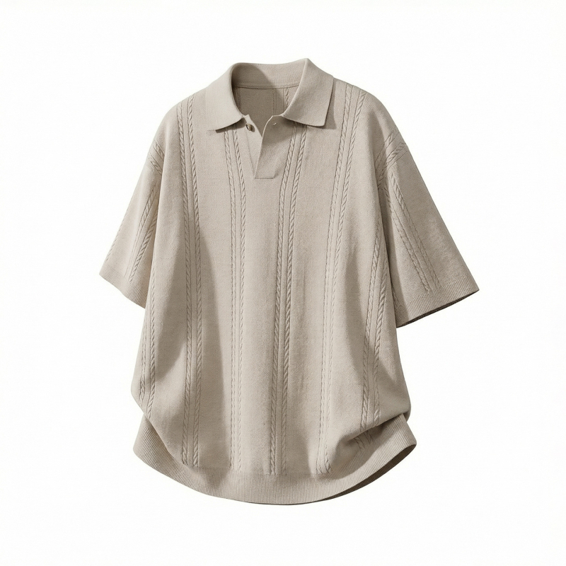Férfi texturált twist-kötött rövid ujjú polo felső, Old Money stílus, egyszínű, nyári casual top