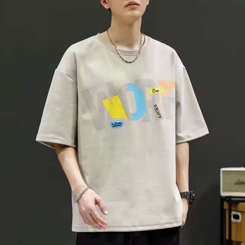Férfi rövid ujjú nyári póló laza szabásban, ice silk anyagból, plus méret, geometrikus print