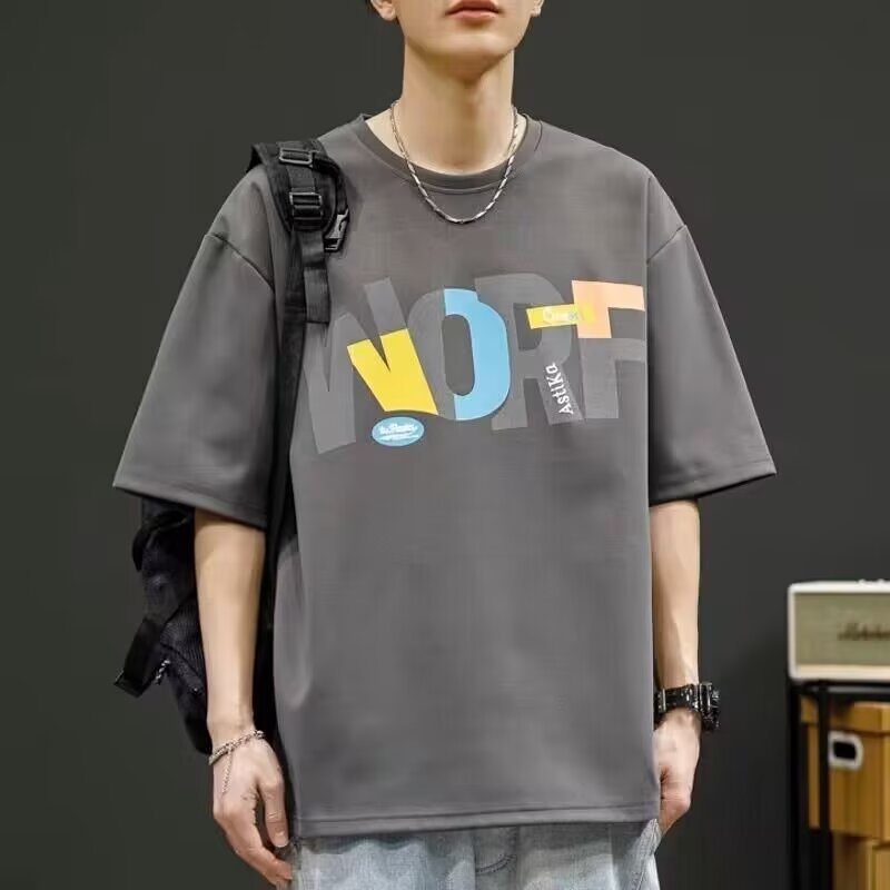 Férfi rövid ujjú nyári póló laza szabásban, ice silk anyagból, plus méret, geometrikus print