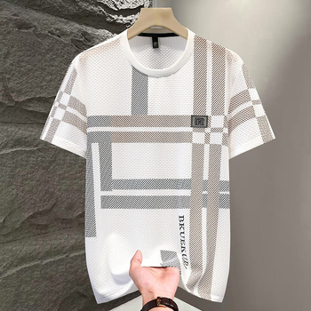 Muški ljetni T‑shirt kratkih rukava od ice silk s kariranim uzorkom, opuštena kroj, velika veličina