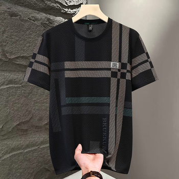 Muški ljetni T‑shirt kratkih rukava od ice silk s kariranim uzorkom, opuštena kroj, velika veličina