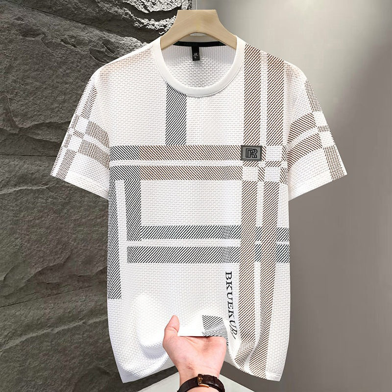 Muški ljetni T‑shirt kratkih rukava od ice silk s kariranim uzorkom, opuštena kroj, velika veličina