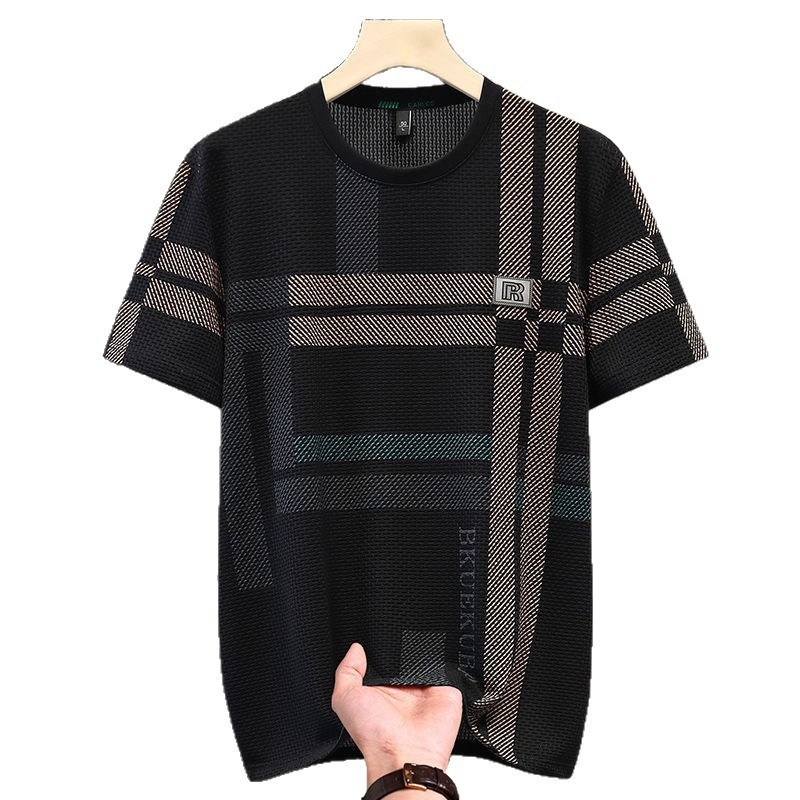 Muški ljetni T‑shirt kratkih rukava od ice silk s kariranim uzorkom, opuštena kroj, velika veličina