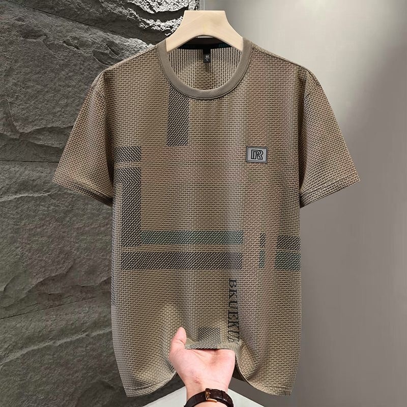 Muški ljetni T‑shirt kratkih rukava od ice silk s kariranim uzorkom, opuštena kroj, velika veličina