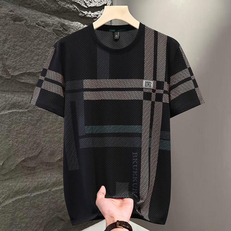 Muški ljetni T‑shirt kratkih rukava od ice silk s kariranim uzorkom, opuštena kroj, velika veličina