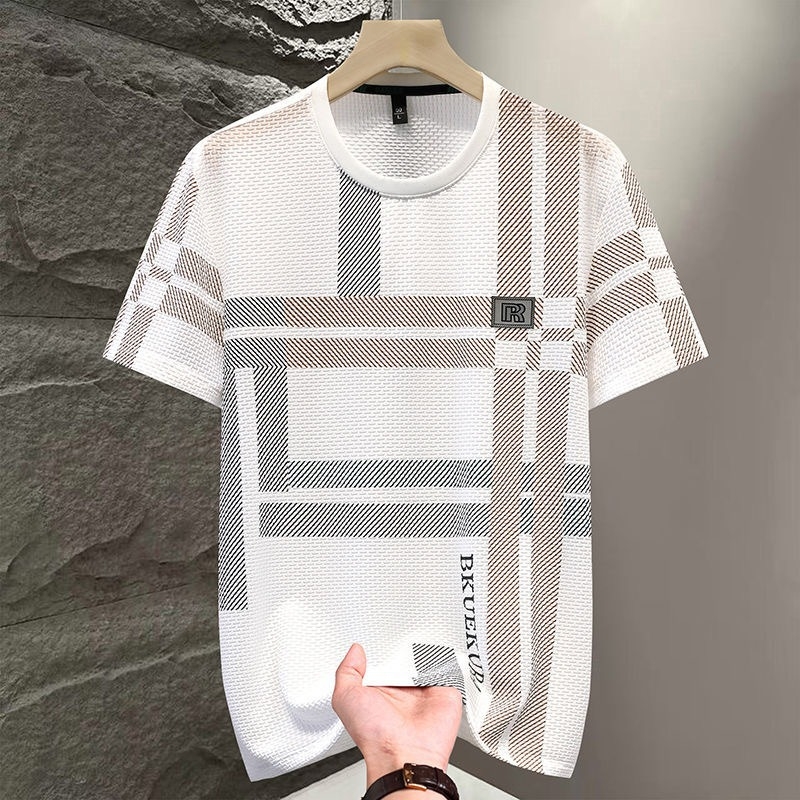 Muški ljetni T‑shirt kratkih rukava od ice silk s kariranim uzorkom, opuštena kroj, velika veličina