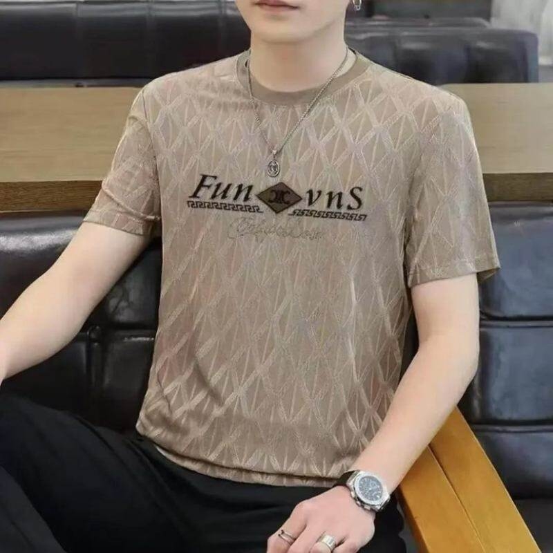 Muški ljetni T-shirt kratkih rukava od ice silk s jacquard geometrijskim uzorkom
