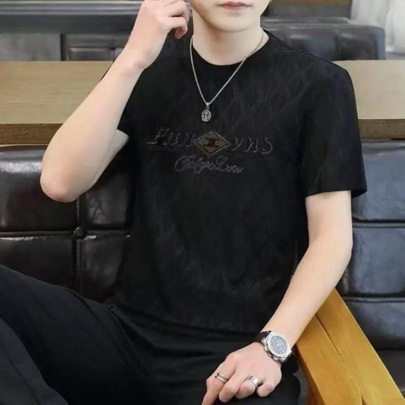 Muški ljetni T-shirt kratkih rukava od ice silk s jacquard geometrijskim uzorkom