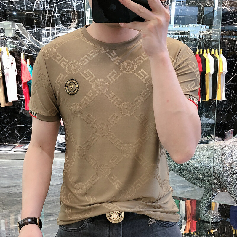 Muški T‑shirt od ice silk, kratkih rukava, ljetni model s prugama, moderan i stiliziran