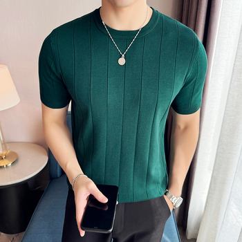 Férfi nyári kötött rövid ujjú T‑shirt ice silk anyagból, magas rugalmassággal, kerek nyak, sötét mintás, mindennapi aláöltözet.