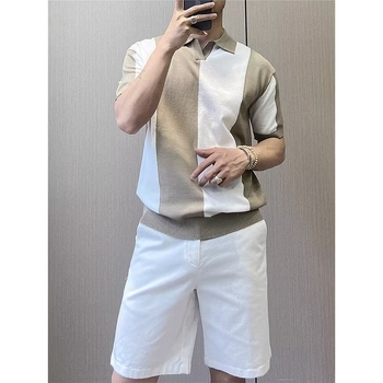 Muška ice-silk majica s kratkim rukavima, korejski stil, ljeto 2025, kontrastne boje, jedinstvena, tanko pletena s okruglim izrezom