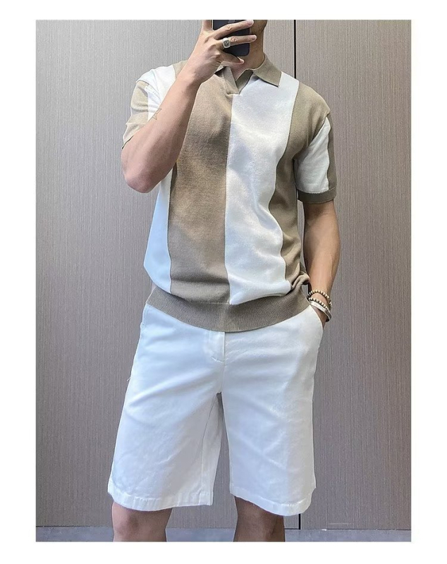 Muška ice-silk majica s kratkim rukavima, korejski stil, ljeto 2025, kontrastne boje, jedinstvena, tanko pletena s okruglim izrezom