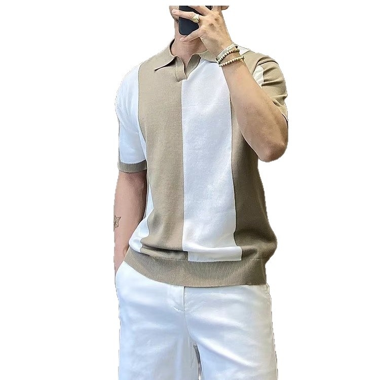 Muška ice-silk majica s kratkim rukavima, korejski stil, ljeto 2025, kontrastne boje, jedinstvena, tanko pletena s okruglim izrezom