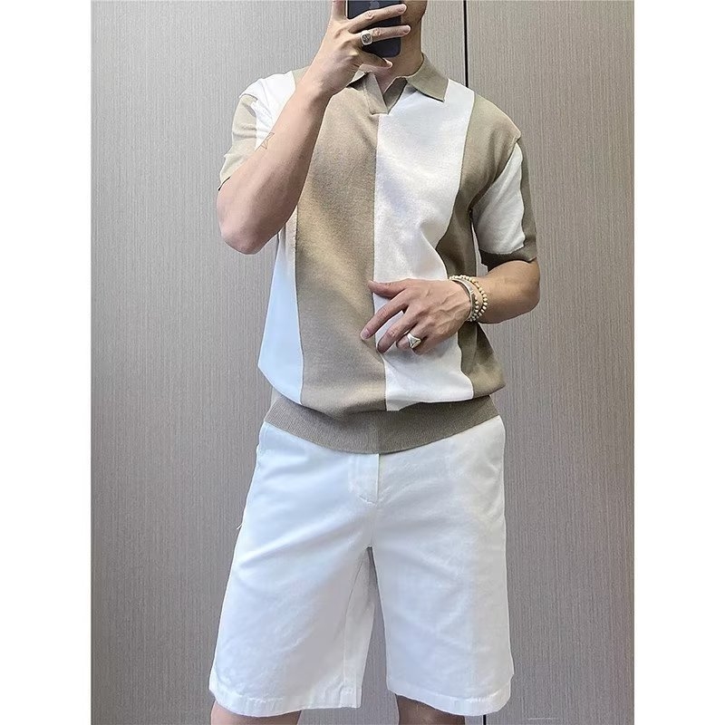 Muška ice-silk majica s kratkim rukavima, korejski stil, ljeto 2025, kontrastne boje, jedinstvena, tanko pletena s okruglim izrezom