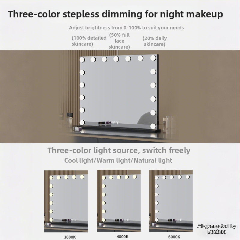 LED sminktükör világítással, kétoldalú asztali sminktükör fotóstúdióhoz, méretek 60×80 cm vagy 80×100 cm, három tónusú világítás