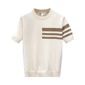 Férfi nyári rövid ujjú kötött felső csíkos, egyszerű dizájn, karcsú szabás, koreai stílus, lélegző anyag