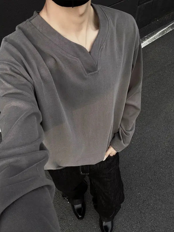 Férfi őszi-téli 300 g-os nehéz Német velúr V-nyakú hosszú ujjú Tshirt CleanFit alapréteg