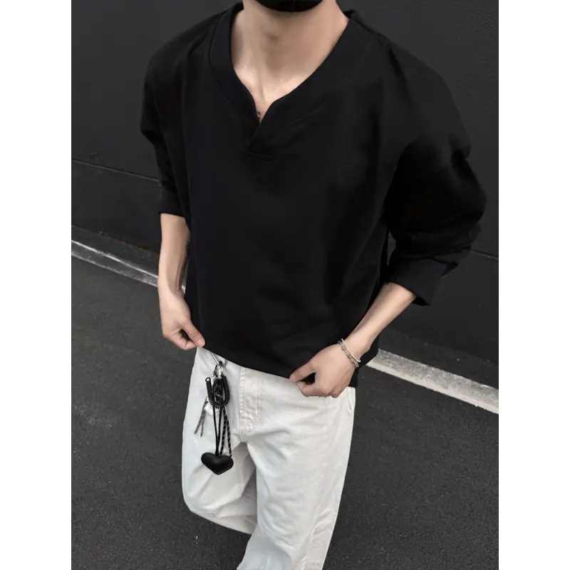 Férfi őszi-téli 300 g-os nehéz Német velúr V-nyakú hosszú ujjú Tshirt CleanFit alapréteg