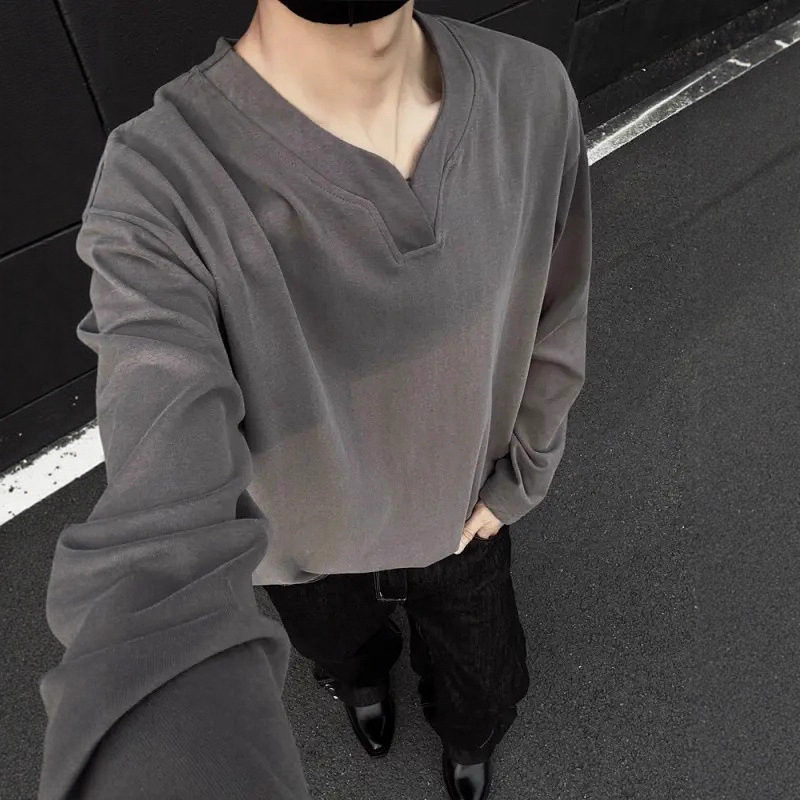 Férfi őszi-téli 300 g-os nehéz Német velúr V-nyakú hosszú ujjú Tshirt CleanFit alapréteg
