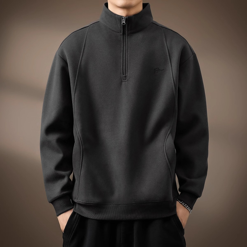 Félzipzáras, magas galléros, férfi vastag fleece-beléses pulóver, laza szabású, retro polo stílus
