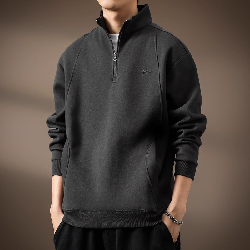 Félzipzáras, magas galléros, férfi vastag fleece-beléses pulóver, laza szabású, retro polo stílus