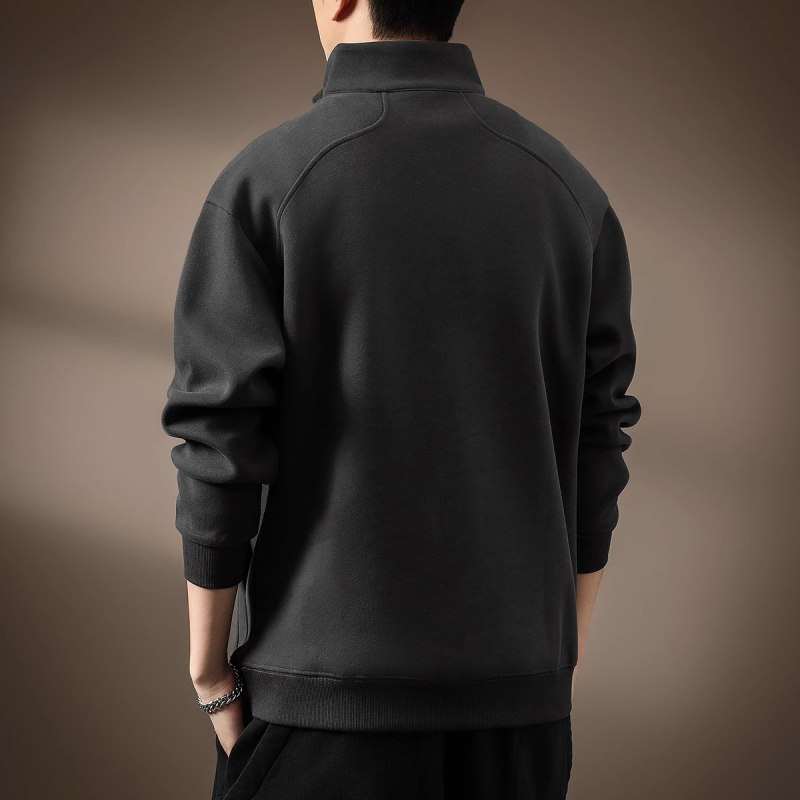 Félzipzáras, magas galléros, férfi vastag fleece-beléses pulóver, laza szabású, retro polo stílus