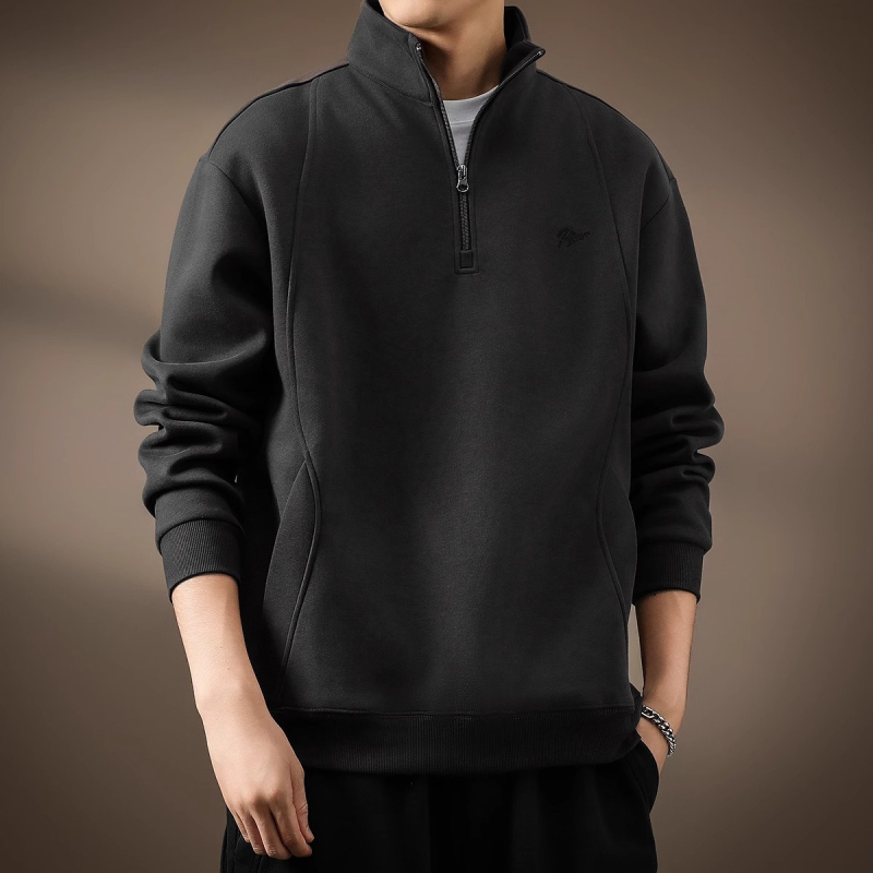 Félzipzáras, magas galléros, férfi vastag fleece-beléses pulóver, laza szabású, retro polo stílus