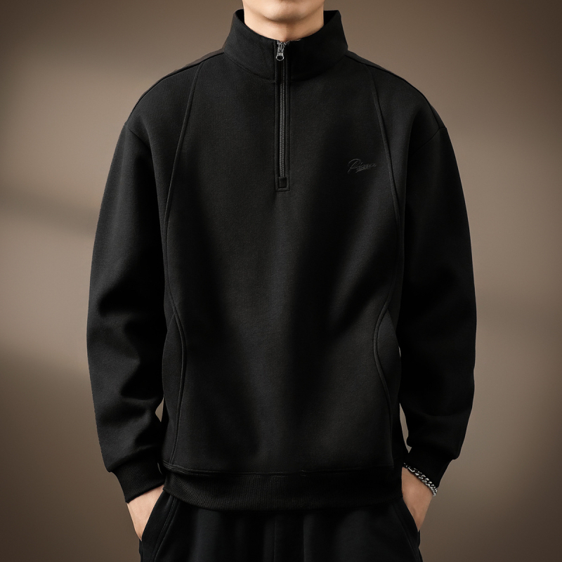 Félzipzáras, magas galléros, férfi vastag fleece-beléses pulóver, laza szabású, retro polo stílus