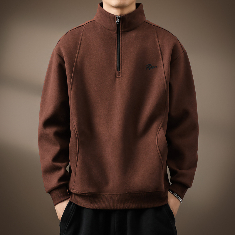 Félzipzáras, magas galléros, férfi vastag fleece-beléses pulóver, laza szabású, retro polo stílus