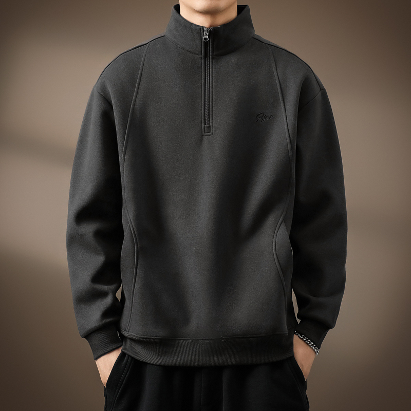 Félzipzáras, magas galléros, férfi vastag fleece-beléses pulóver, laza szabású, retro polo stílus
