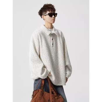 Színes amerikai-stílusú férfi kötött pulóver fleece-béléssel, polo gallérral, téli meleg