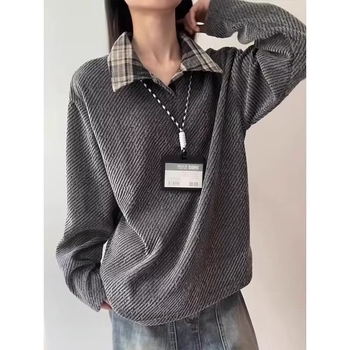 Amerikai stílusú, nehéz fleece hosszú ujjú pólóing, uniszex, téli felső, kockás paneles polo hatású