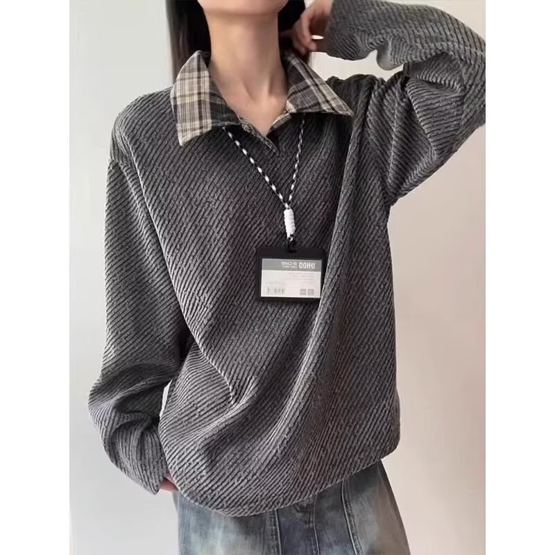 Amerikai stílusú, nehéz fleece hosszú ujjú pólóing, uniszex, téli felső, kockás paneles polo hatású