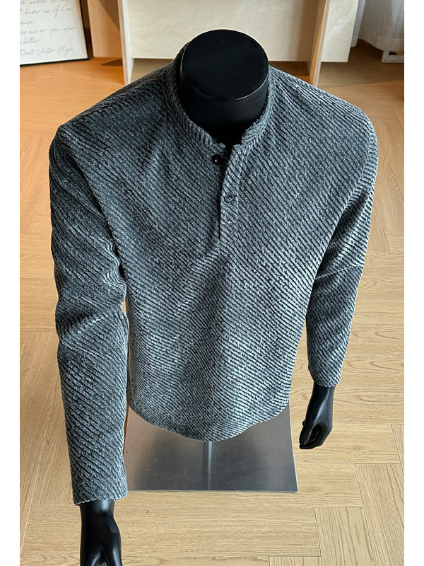 Siva chenille polo košulja s dugim rukavima i Henley ovratnikom, za muškarce i tinejdžere, osnovni gornji dio