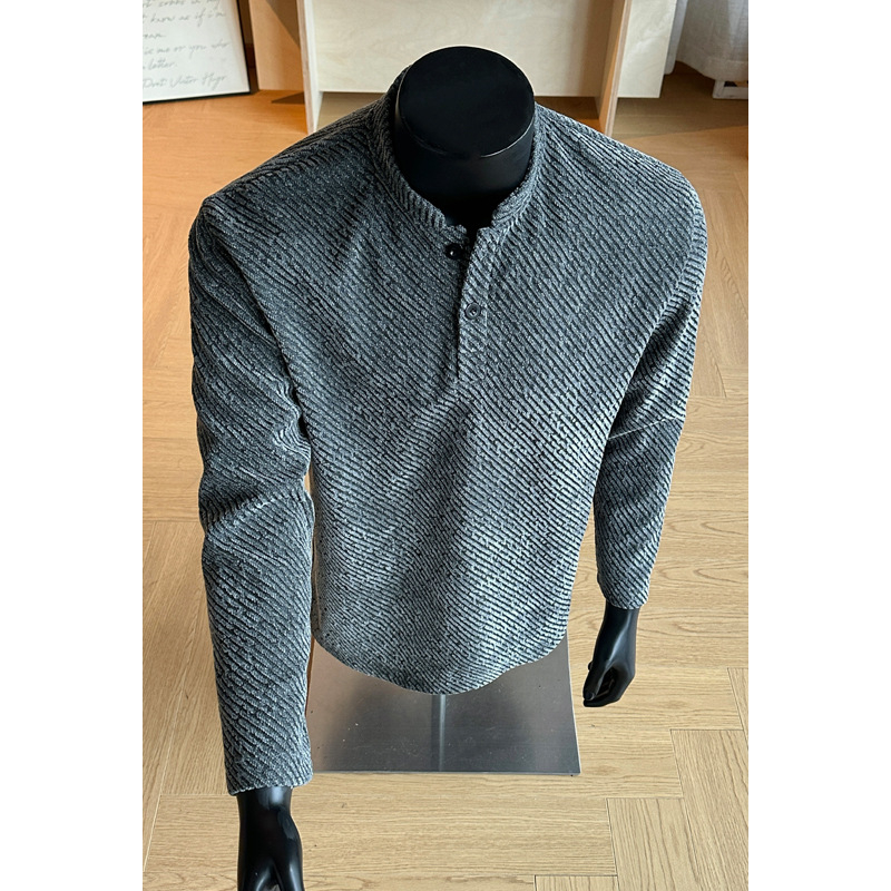 Siva chenille polo košulja s dugim rukavima i Henley ovratnikom, za muškarce i tinejdžere, osnovni gornji dio