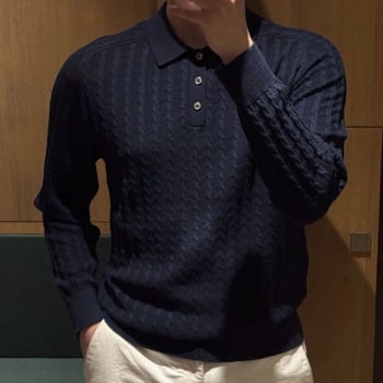 Muški crni polo džemper s kabelskom pleteninom, dugi rukavi, retro stil za poslovni casual