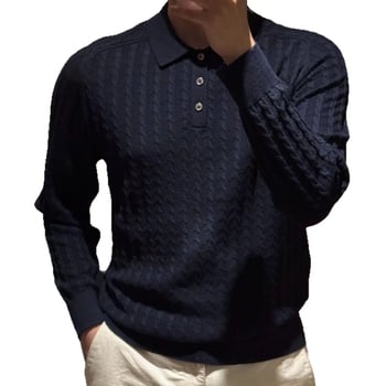 Muški crni polo džemper s kabelskom pleteninom, dugi rukavi, retro stil za poslovni casual