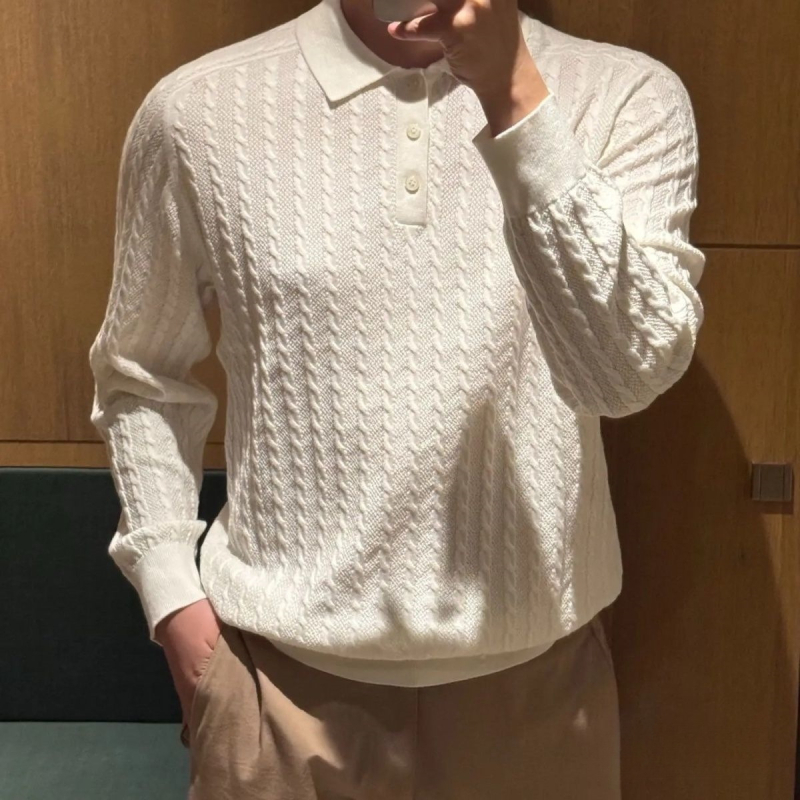 Muški crni polo džemper s kabelskom pleteninom, dugi rukavi, retro stil za poslovni casual