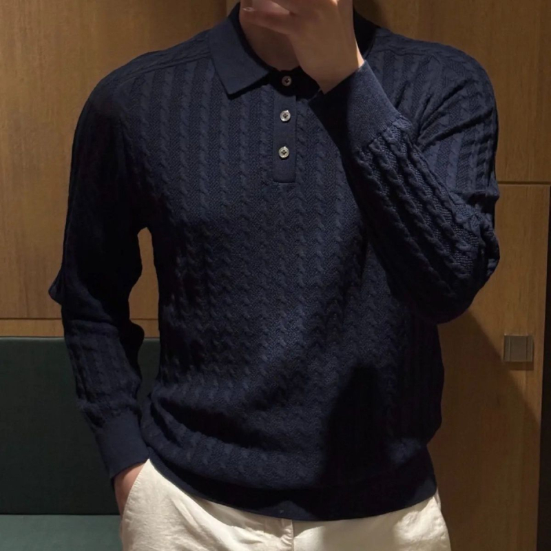 Muški crni polo džemper s kabelskom pleteninom, dugi rukavi, retro stil za poslovni casual