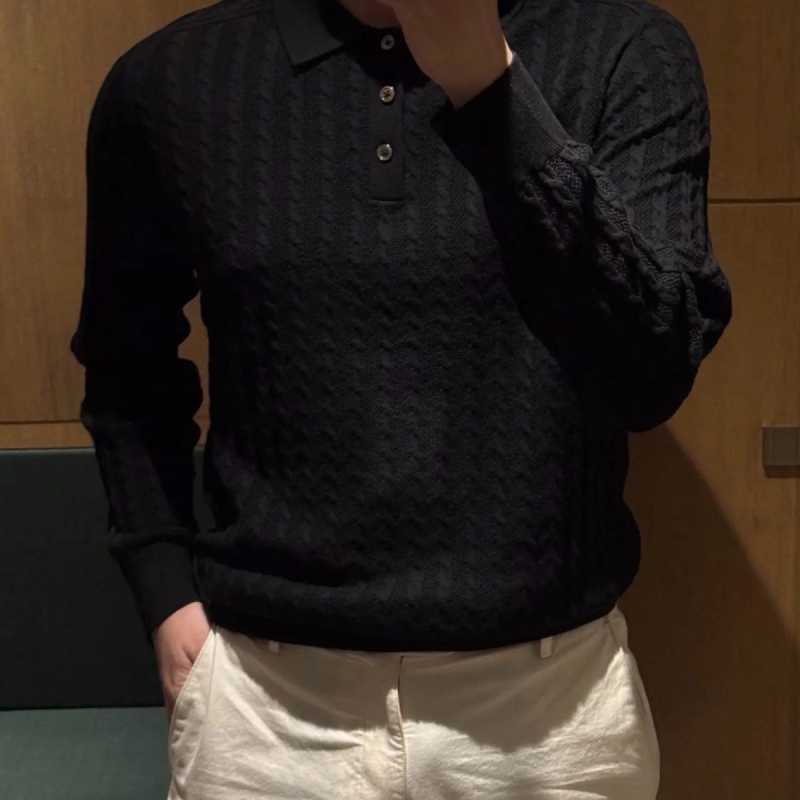 Muški crni polo džemper s kabelskom pleteninom, dugi rukavi, retro stil za poslovni casual