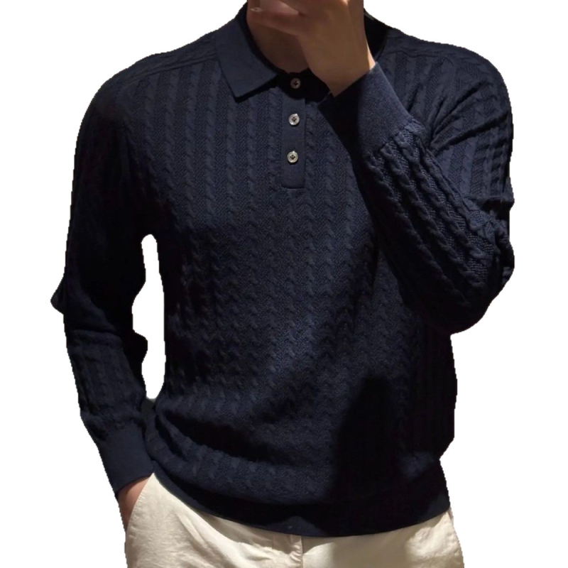 Muški crni polo džemper s kabelskom pleteninom, dugi rukavi, retro stil za poslovni casual