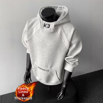 Férfi kapucnis pulóver fleece-béléssel, hongkong-stílusú, mindennapi divat, lazán szabott