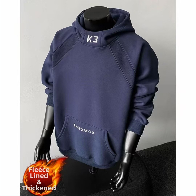 Férfi kapucnis pulóver fleece-béléssel, hongkong-stílusú, mindennapi divat, lazán szabott