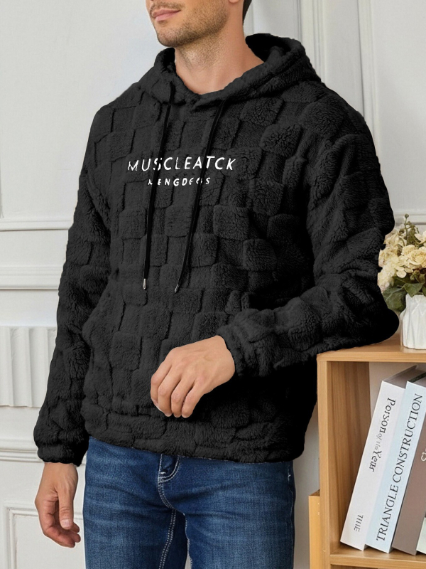 Férfi kapucnis pulóver hímzett betűkkel és rácsmintával, laza szabású kötött fleece dzseki őszi-téli viselet.