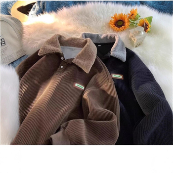 Corduroy pólónyakú pulóver férfiaknak, őszi-téli fleece béléssel